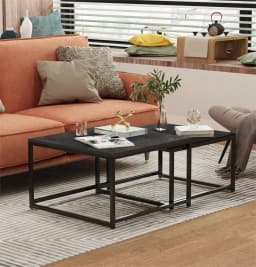 LUVODI Nesting Coffee Table Set of 2 Sintered Stone Top Black Metal Frame Space Saving Accent Tables for Living Room