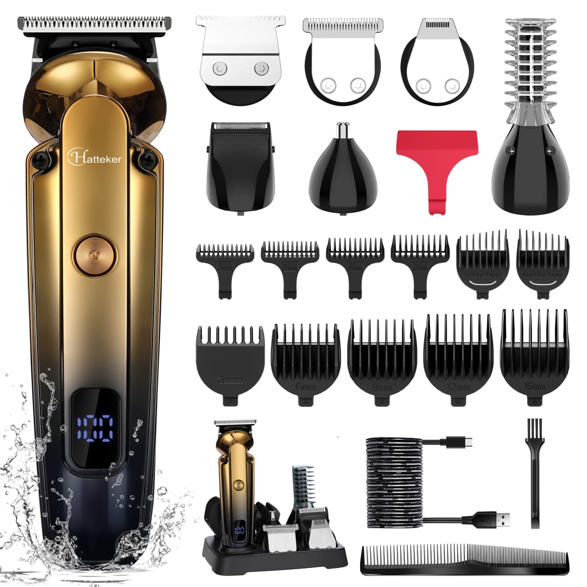 Hatteker 6-in-1 High Quality USB Chargeable Barber Waterproof Cordless Hair Trimmer Electric Cordless Professional Hair Clippers