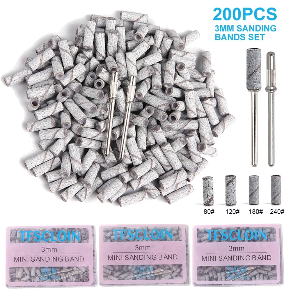 100/200PCS 3mm Nail Sanding Bands Set with Mandrel - 80/120/180/240 Grit Sandpaper For Nail Drill Bit Manicure Pedicure Salon