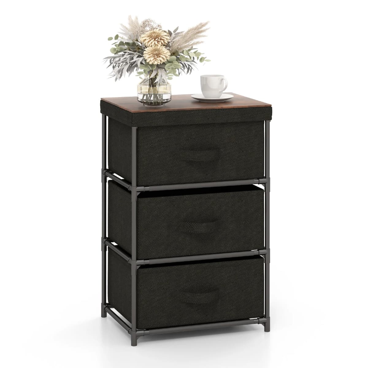 GOFLAME 3-Tier Fabric Dresser Fabric Nightstand w/ 3 Drawers & w/ Sturdy Metal Frame Black