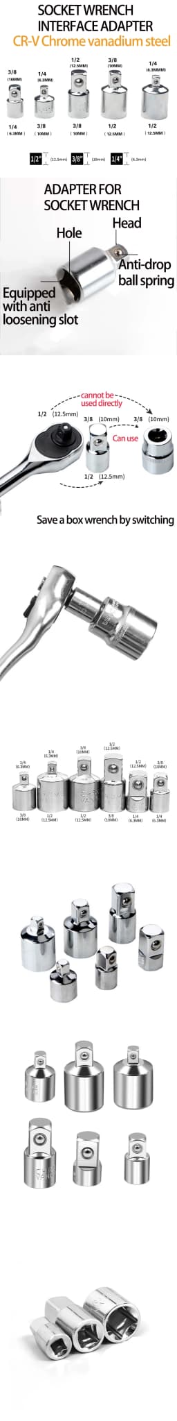 1/4" 3/8" 1/2" Ratchet Wrench Adapter Chrome Vanadium Sleeve Drive Socket Converter Wrench Transform Joint