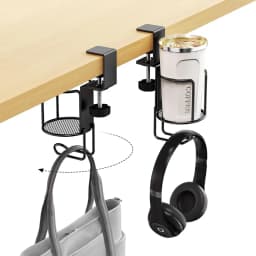 2 in 1 No Drill Desk Cup Holder Adjustable Upgraded Arm Clamp Stand 360 Degree Rotating Table Edge Clamp Anti-Fall Cup Holder