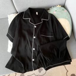 Youth Men's Slim Fit New Pajama Set Solid Color Short Sleeve Lapel Top and Elastic Shorts Pajamas Summer Loungewear Sleepwear