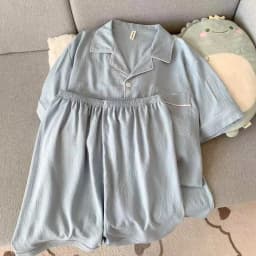 Youth Men's Slim Fit New Pajama Set Solid Color Short Sleeve Lapel Top and Elastic Shorts Pajamas Summer Loungewear Sleepwear