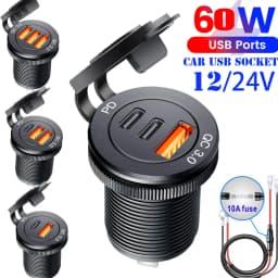 USB Socket in the Car Quick Charge PD 3.0 Car Charger 60W Outlet Socket for 12V 24V Motorcycle Boat Marine Truck ATV