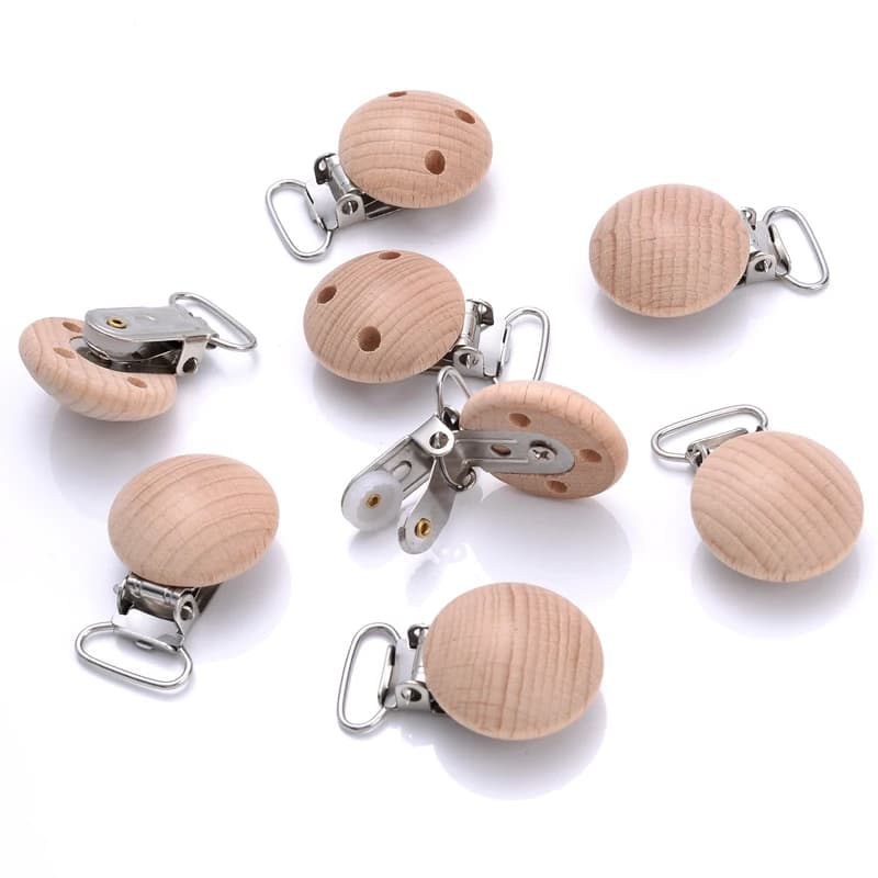 10Pcs Natural Beech Wooden Pacifier Chain Dummy Holder Clips 30mm Round Wood Pacifier Clip Food Grade Baby Teether Chew Toys