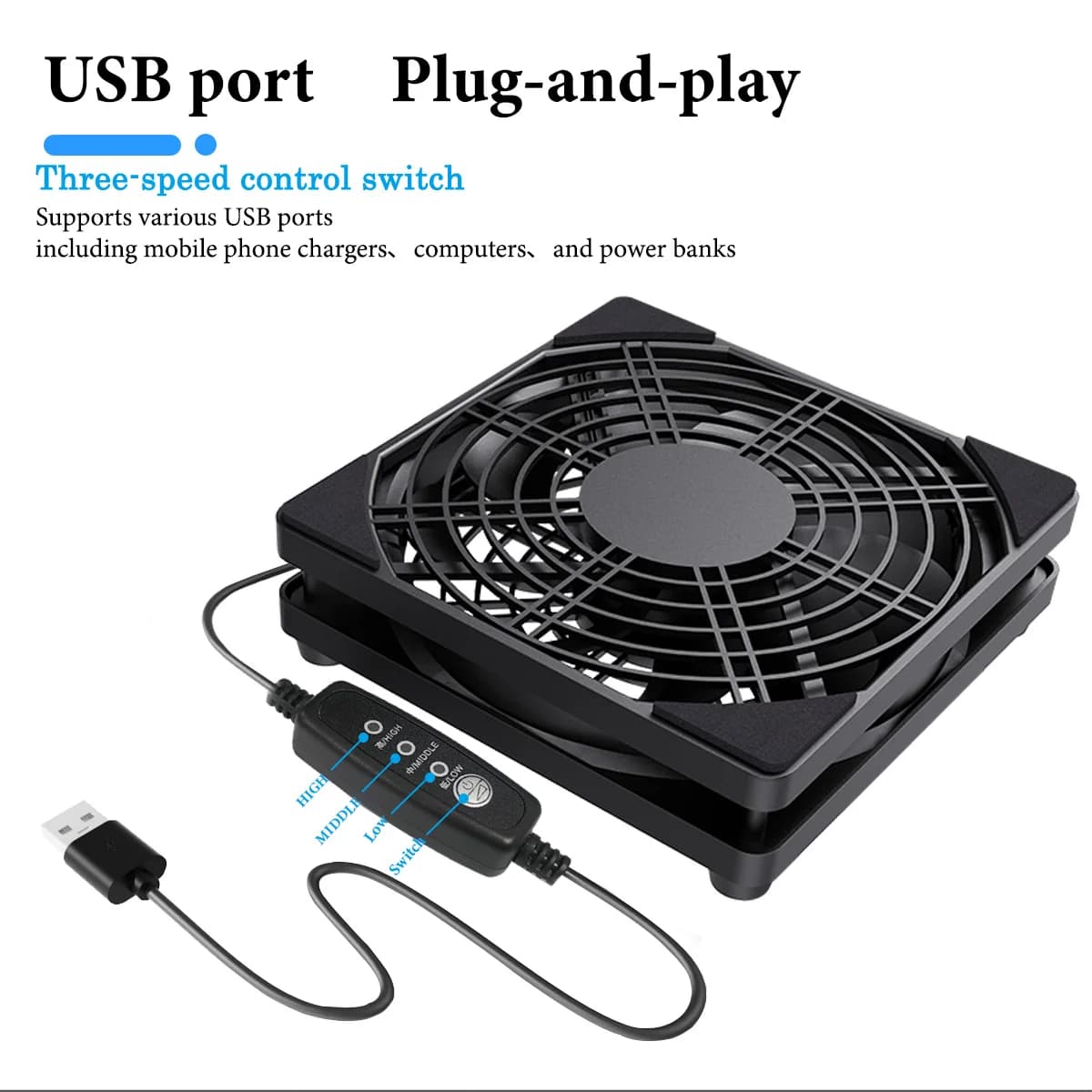 5V USB router cooling fan, with three-speed adjustable function. Style is suitable for cooling various devices.