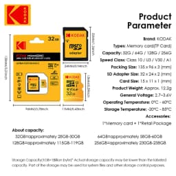 Original Kodak Micro SD Card 256GB U3 High Speed Memory Card A1 V30 Class 10 MicroSDXC with SD Adapter