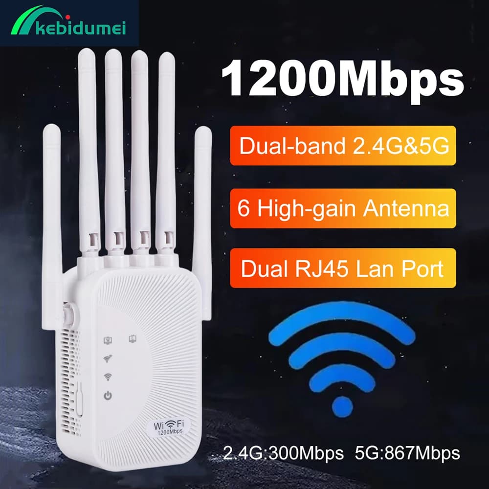 Kebidumei 1200/300Mbps Wifi Repeater Amplifier 2.4G 5G Network Expander Range Extender WiFi Signal Booster Wireless Wi-Fi Router