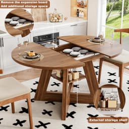43.3in-59in Extendable Dining Table for 4-6, Round Kitchen Dining Room Table with Removable Leaves Space Saving, Customized
