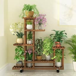 Multi-Layer Wood Plant Stand Rack Outdoor Indoor Rolling Flower Pot Holder with Wheels