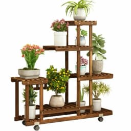 Multi-Layer Wood Plant Stand Rack Outdoor Indoor Rolling Flower Pot Holder with Wheels