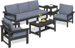 HDPE Patio Furniture Set, 7-Piece Outdoor Sectional Sofa Set, All Weather Outdoor Couch Set for Deck, Lawn, Grey Frame with Gre