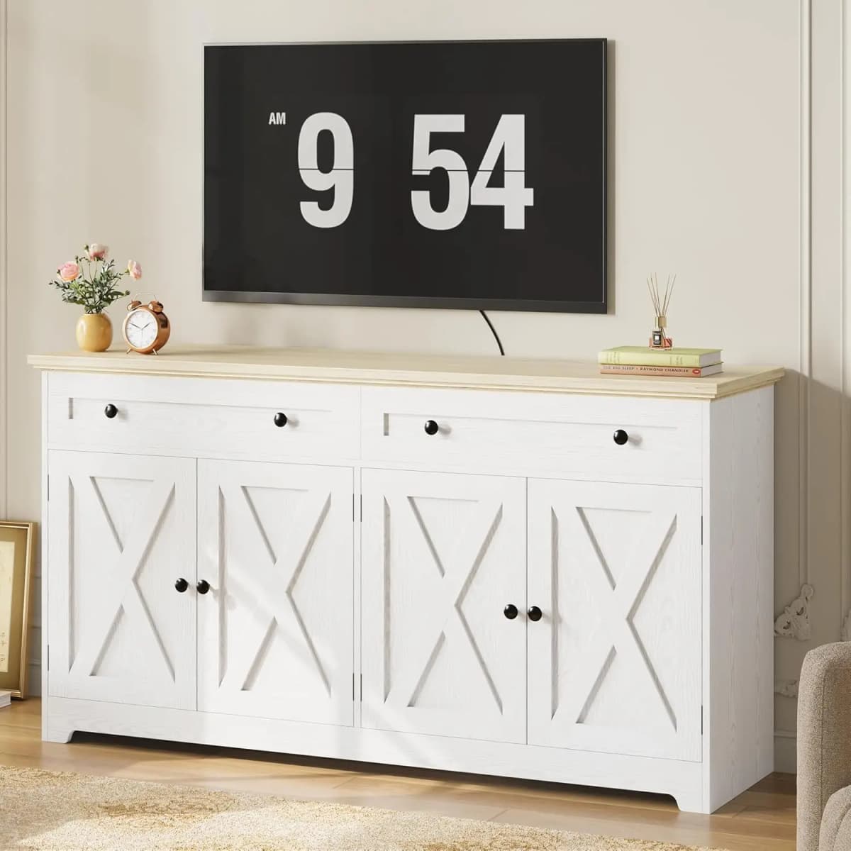 IRONCK Buffet Cabinet with Storage, Sideboard Storage Cabinet, Natural Wood, Kitchen Cabinet with Drawers & Doors, White