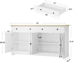 IRONCK Buffet Cabinet with Storage, Sideboard Storage Cabinet, Natural Wood, Kitchen Cabinet with Drawers & Doors, White
