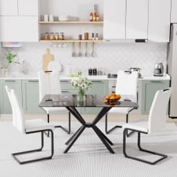 Modern Rectangular Glass Dining Table Set for 4, 47" Clear Tempered Glass Kitchen Table with Silver Metal Legs & 4 Black PU Faux