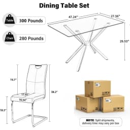 Modern Rectangular Glass Dining Table Set for 4, 47" Clear Tempered Glass Kitchen Table with Silver Metal Legs & 4 Black PU Faux