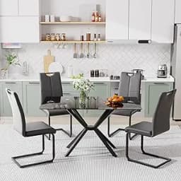 Modern Rectangular Glass Dining Table Set for 4, 47" Clear Tempered Glass Kitchen Table with Silver Metal Legs & 4 Black PU Faux