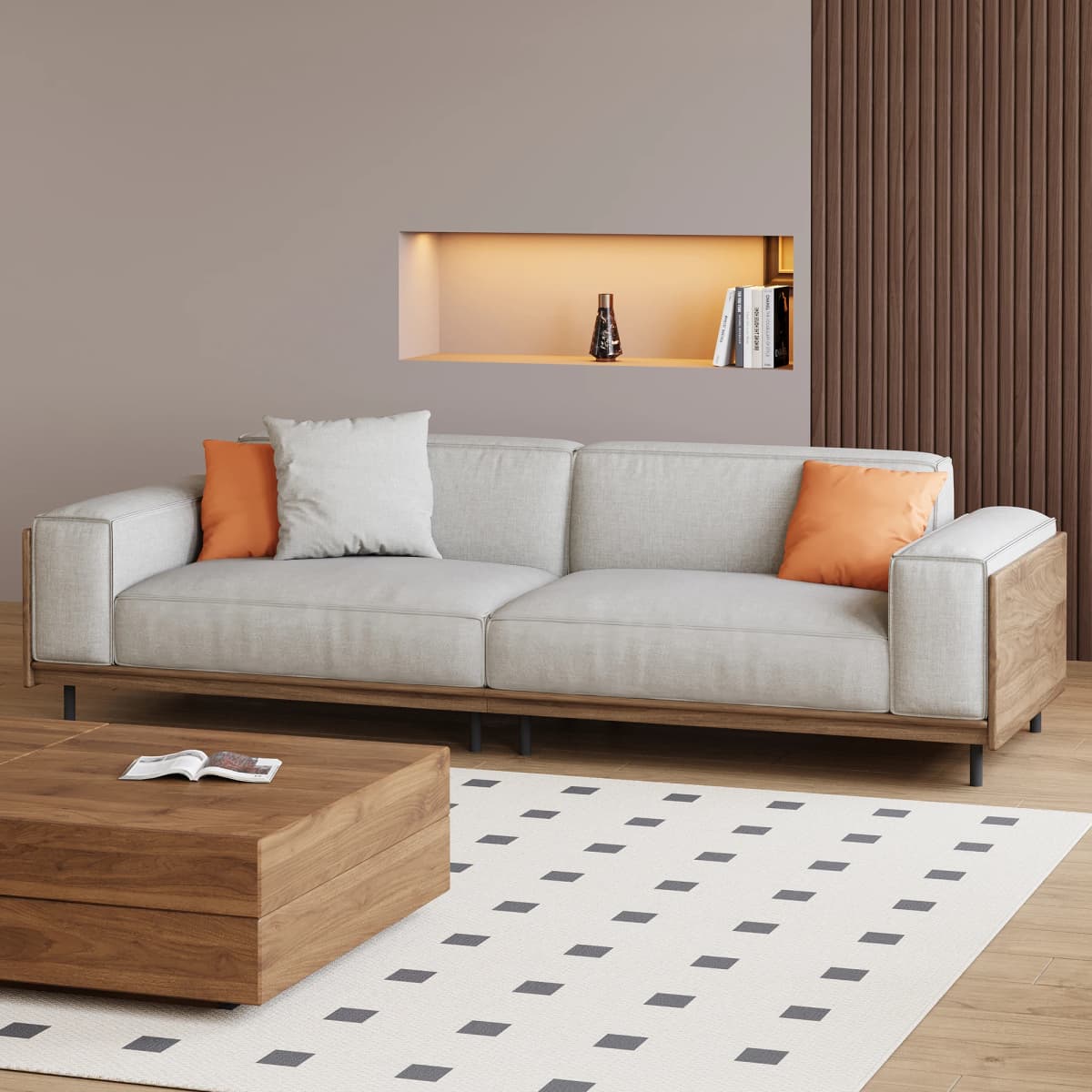 Modern medieval-style 82.67-inch three-seater sofa set with a solid wood frame, high-density foam cushions, and sturdy metal leg