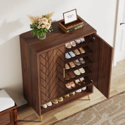 Tribesigns 6-Tier Shoe Cabinet with Doors, Walnut Wooden Shoe Storage Cabinet with Adjustable Shelves for Entryway