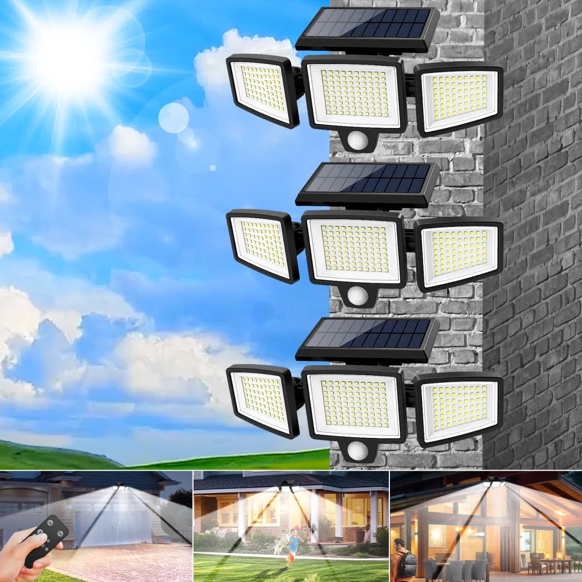 (5/4/3/2/1 Pcs) 3-Head Solar Outdoor Light, Motion Sensor Security Light with Wireless Remote Control