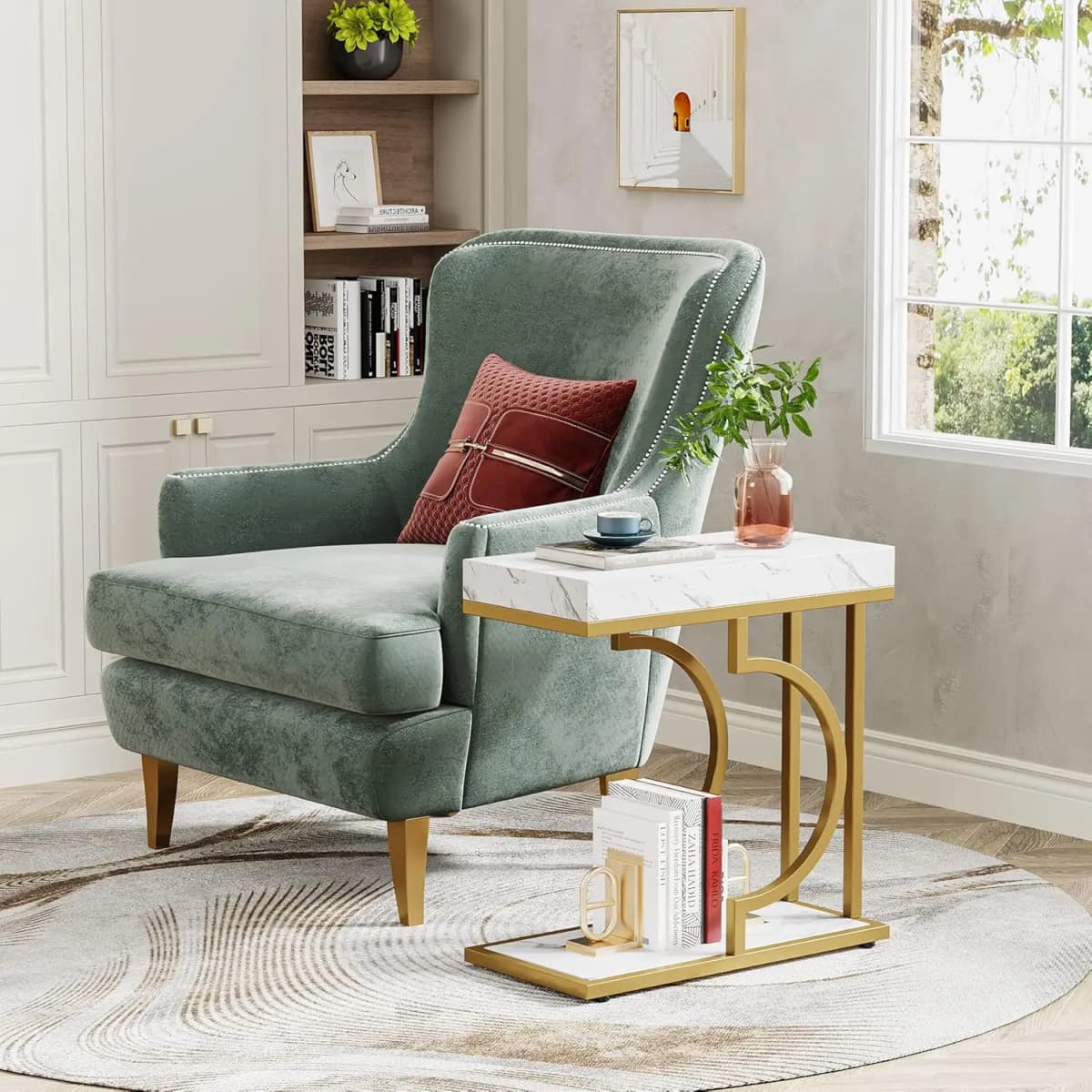 White Gold C Shaped End Table Modern Bedside Table Small Side Table for Couch, Sofa Table with Metal Frame for Living Room