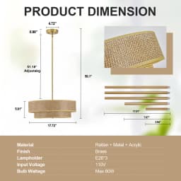 19.7''Farmhouse Boho Chandelier,4-Light Hand Woven Rattan Pendant Light with Fabric Shade Rustic Drum Chandelier for Dining Room