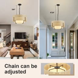 19.7''Farmhouse Boho Chandelier,4-Light Hand Woven Rattan Pendant Light with Fabric Shade Rustic Drum Chandelier for Dining Room