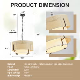 19.7''Farmhouse Boho Chandelier,4-Light Hand Woven Rattan Pendant Light with Fabric Shade Rustic Drum Chandelier for Dining Room