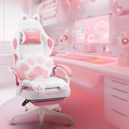 Pink Cute Gaming Chair with Cat Ears & Paw Lumbar Cushion, Ergonomic Reclining Computer Chair with Footrest, Customized