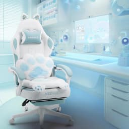 Pink Cute Gaming Chair with Cat Ears & Paw Lumbar Cushion, Ergonomic Reclining Computer Chair with Footrest, Customized