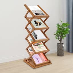 5-Tier Bamboo Magazine Rack Foldable, Portable Lightweight Floor Standing Display Holder for Office Bookstore, Storage Organizer