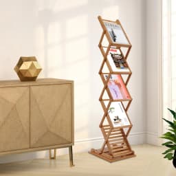 5-Tier Bamboo Magazine Rack Foldable, Portable Lightweight Floor Standing Display Holder for Office Bookstore, Storage Organizer