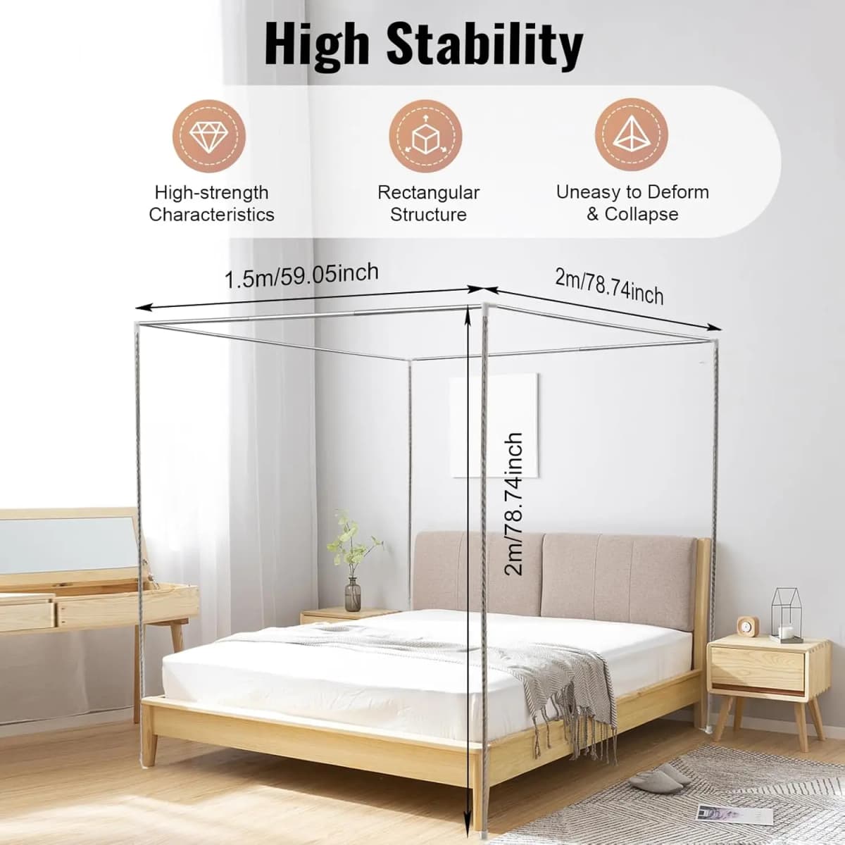 4 Corner Bed Canopy Post Frame Mosquito Netting Bracket Post Stainless Steel, Bed Canopy Post 1.5x2x2m