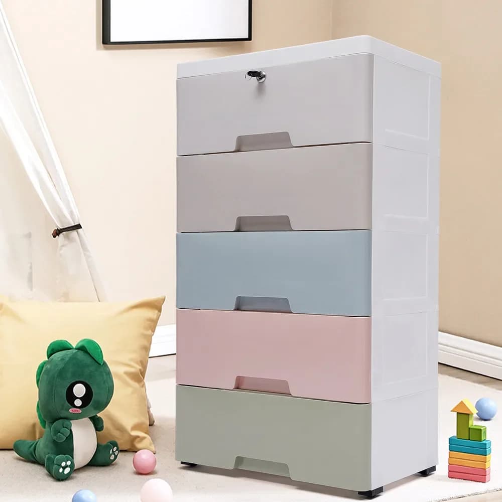 5-Drawer Plastic Storage Cabinet, Dust Proof Lockable Mobile Organizer with Removable Wheels for Garage Workshop Bathroom Closet