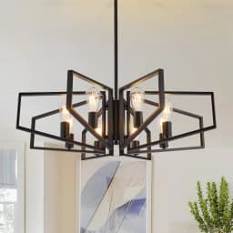 Modern 8-Light Geometric Chandelier Adjustable Height Metal Pendant Light with Black Frame & Golden Accents Ceiling Light Decor