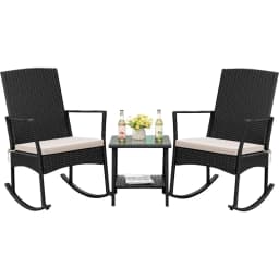 Flamaker Rocking Chair Outdoor PE Rattan Patio Chairs Glass Table High Back Porch Rocker for Balcony Garden Backyard (Beige)
