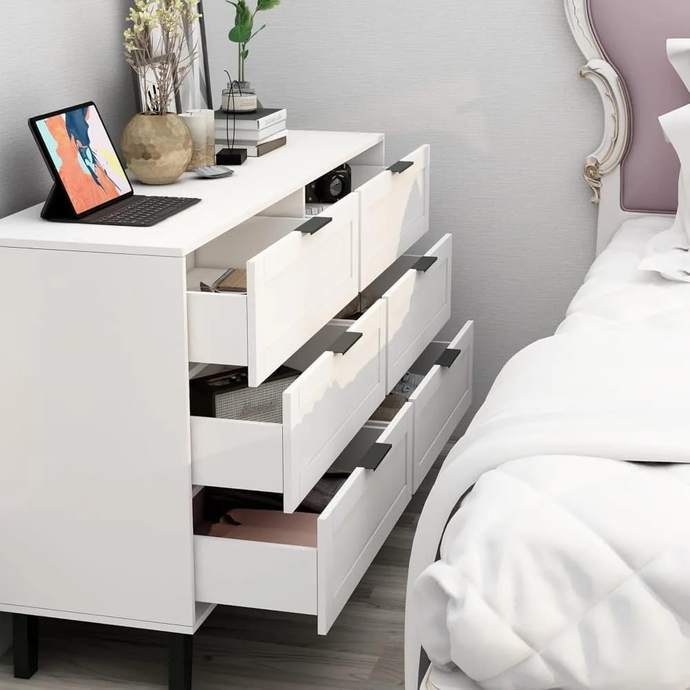Exquisite 6 Drawer Dresser for Bedroom Modern White Chest of Drawers for Nursery Wood Dresser for Kids Horizontal Dressers & Che