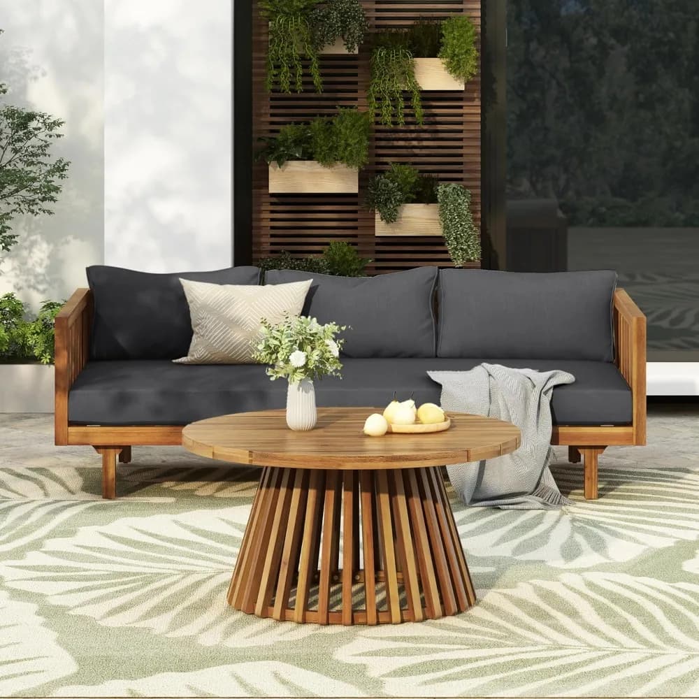 Outdoor Acacia Wood Conversation Set, 3-Seat Loveseat Sofa w/Coushion and Round Coffee Table for Backyard, Patio Furniture, Tea