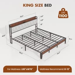 JHK King Size Soft Pack Heavy Duty Metal Bed Frame with Headboard Charging Station 1100lbs Capacity Easy Assembly For Bedroom