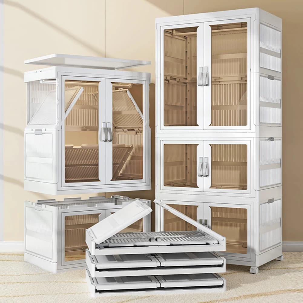 Portable Closet Plastic Wardrobe with Hanging Rod Multi-Function Storage Shelf with Clear Door Closet Organizer for Clothes