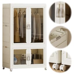 Portable Closet Plastic Wardrobe with Hanging Rod Multi-Function Storage Shelf with Clear Door Closet Organizer for Clothes