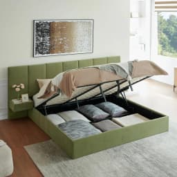 King Upholstered Platform Bed Lift-Up Storage Velvet Headboard Built-in Nightstands No Box Spring Needed Beige Customized