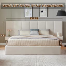 King Upholstered Platform Bed Lift-Up Storage Velvet Headboard Built-in Nightstands No Box Spring Needed Beige Customized