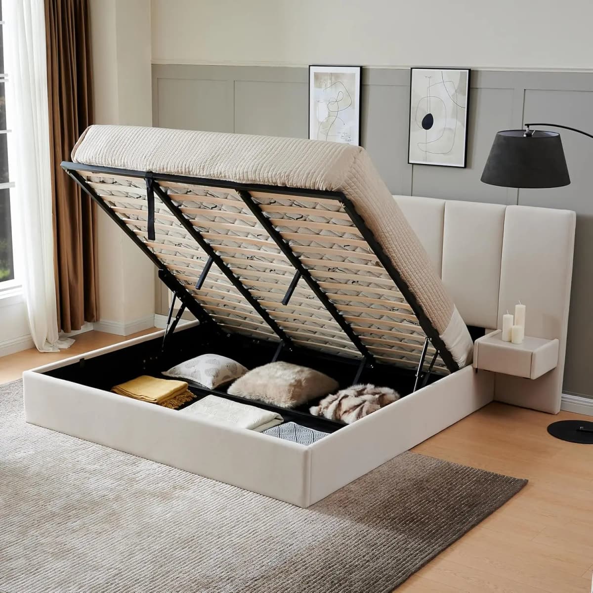 King Upholstered Platform Bed Lift-Up Storage Velvet Headboard Built-in Nightstands No Box Spring Needed Beige Customized