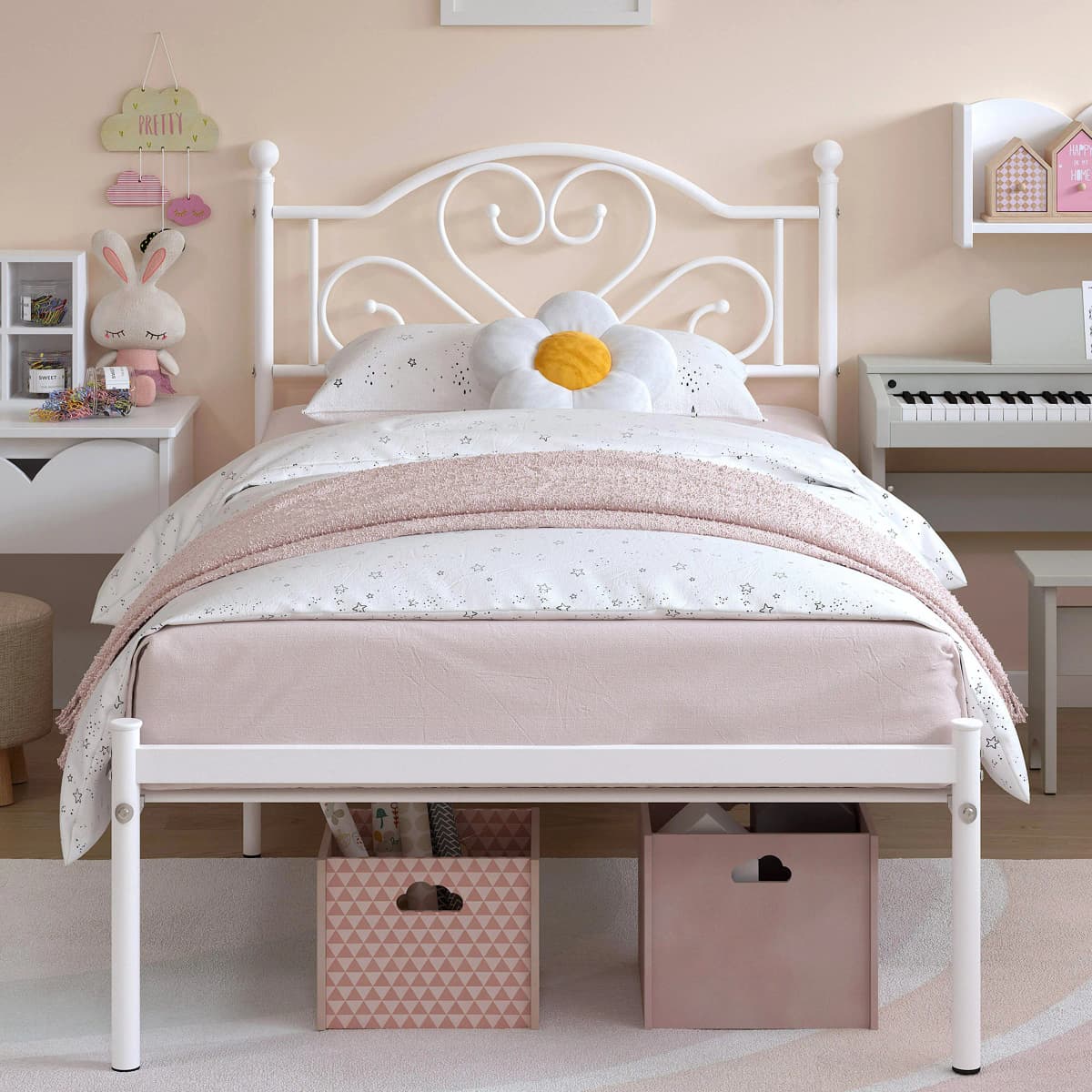 Twin Bed Frame with Headboard, Heavy Duty Metal Platform Bed with Under Bed Storage
