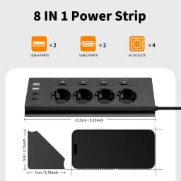 EU desktop corner power strip, a power strip with multiple switches independently controlling the outlets, extension cord power