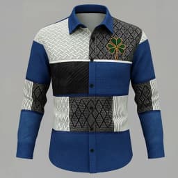 Men's casual long-sleeved shirt, blue and black color blocking pattern adorned with a trefoil logo comfortable button-down shirt