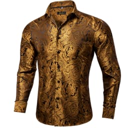 Gold Paisley Shirts for Men Long Sleeve Luxury Brand Tuxedo Wedding Party Men Clothing DiBanGu