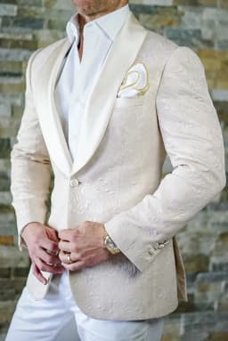 Groomsmen White Pattern Groom Tuxedos Shawl Satin Lapel Men Suits 2 Pieces Wedding Bridegroom ( Jacket + Pants + Tie ) D201